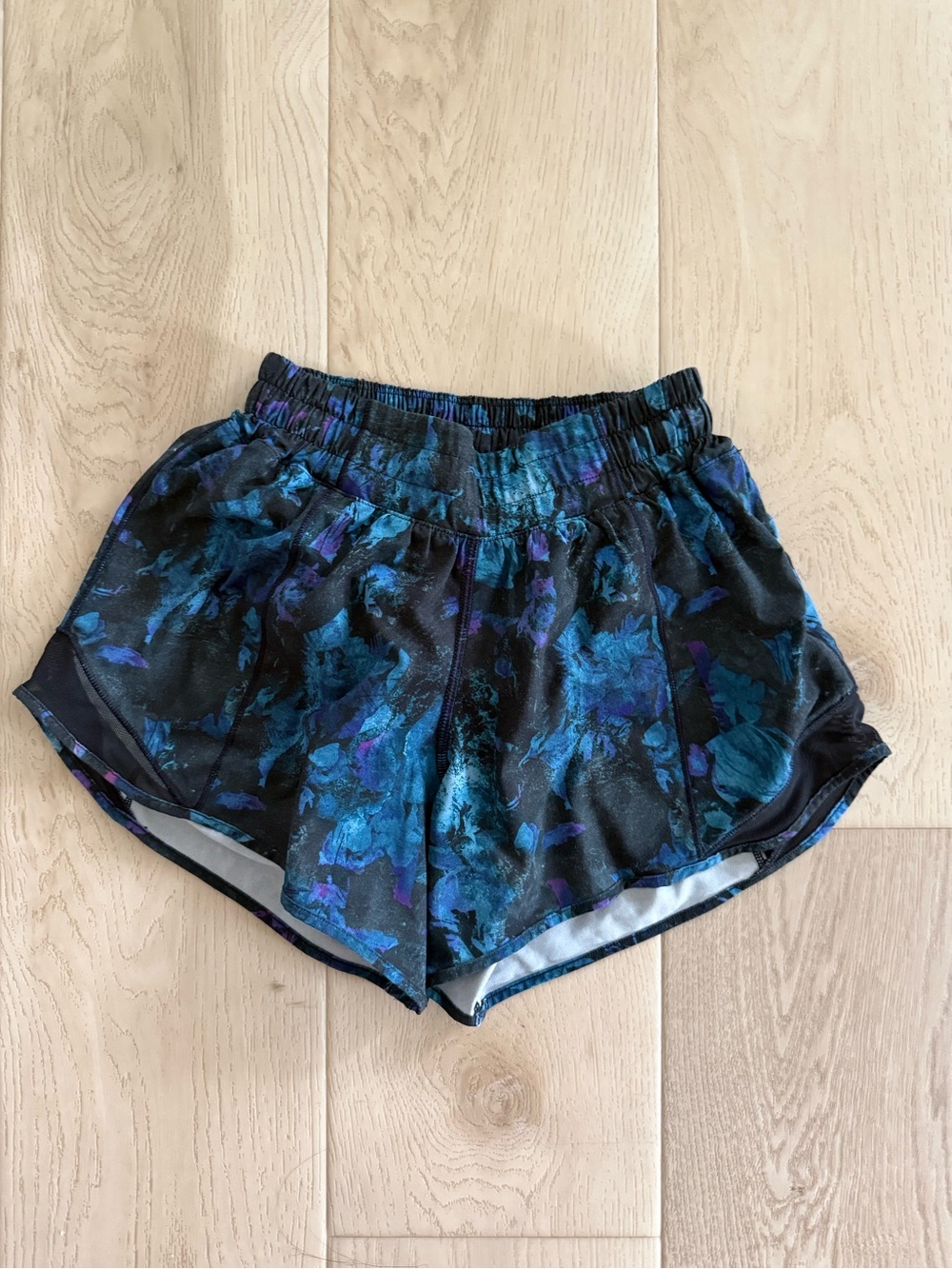 lululemon athletica Black Shorts with Blue-Purple Floral Print
